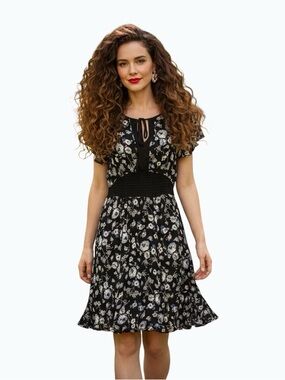 BHS Fashion Floral Smocked Waist Babydoll Dress - Size 14
